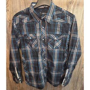 Buckle Black Pearl Snap Western Shirt Size XL Blue & Gray Plaid Standard Fit BKE